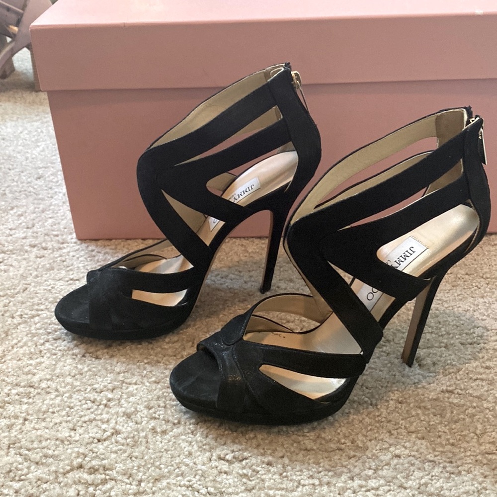Jimmy Choo black suede collar sandals size 38